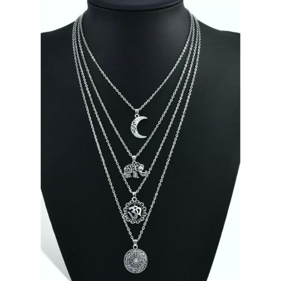 Fashion Jewelry Jewelry - Multi Level Necklace Silver Moon Elephant Um Sign